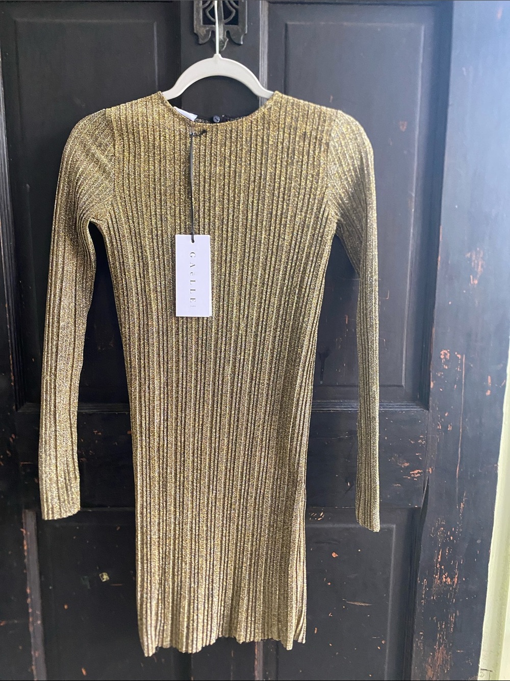 Gold Ribbed Long-Sleeve Mini Dress
